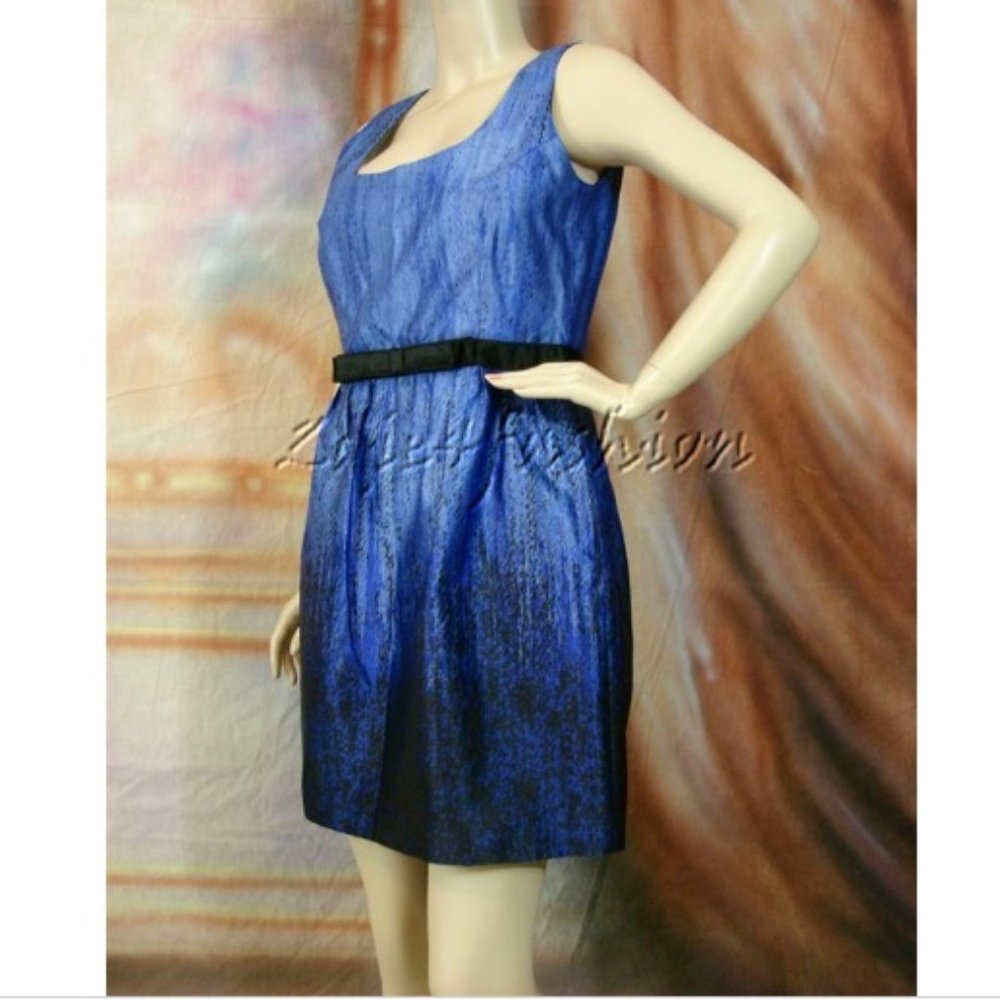 $2005 New ANDREW GN Black Blue Art Print Bow Silk A Line Flared Dress 10